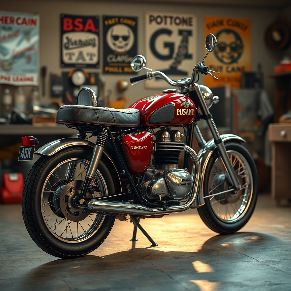 A photorealistic image showcasing a meticulously restored classic motorcycle, a vintage BSA or Triumph perhaps. The motorcycle is gleaming and pristine, displayed in a soft, warm light. The background is a blurred image of a workshop, with vintage tools and posters visible. The color palette is rich and warm, emphasizing the classic design of the motorcycle. Texture details are crucial – the smooth paint, the polished chrome, the worn leather of the seat. Camera angle is slightly low, emphasizing the elegance and beauty of the motorcycle. The overall feel is nostalgic and respectful. 4K resolution, high quality.