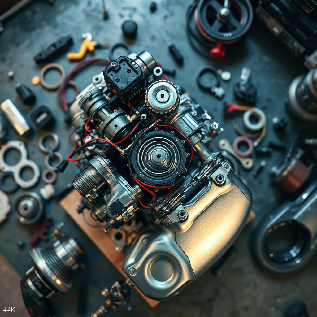 A photorealistic image showcasing a disassembled motorcycle engine, with each component carefully laid out on a workbench. The lighting is bright and focused, highlighting the intricate details of each part. The color palette is metallic and industrial, with pops of color from wires and components. Texture details are crucial – the smooth metal, the rough texture of the gaskets, the intricate design of the engine. Camera angle is overhead, emphasizing the complexity of the engine. The overall feel is technical and precise. 4K resolution, sharp focus.