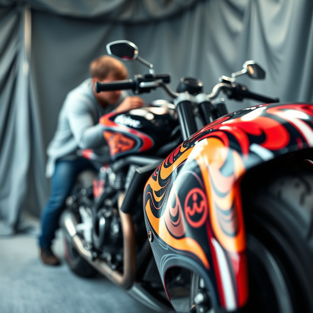 A photorealistic image showcasing a custom motorcycle paint job. Focus on the vibrant colors and intricate designs. The motorcycle is in a spray booth, with a painter carefully applying the final touches. The background is blurred, keeping the focus on the paint job. The color palette is vibrant and expressive, reflecting the artistry and creativity of the paint job. Texture details are important – the smooth paint, the metallic flakes, the intricate designs. Camera angle is close, emphasizing the artistry and detail of the paint job. The overall feel is creative and expressive. 4K resolution, high quality.