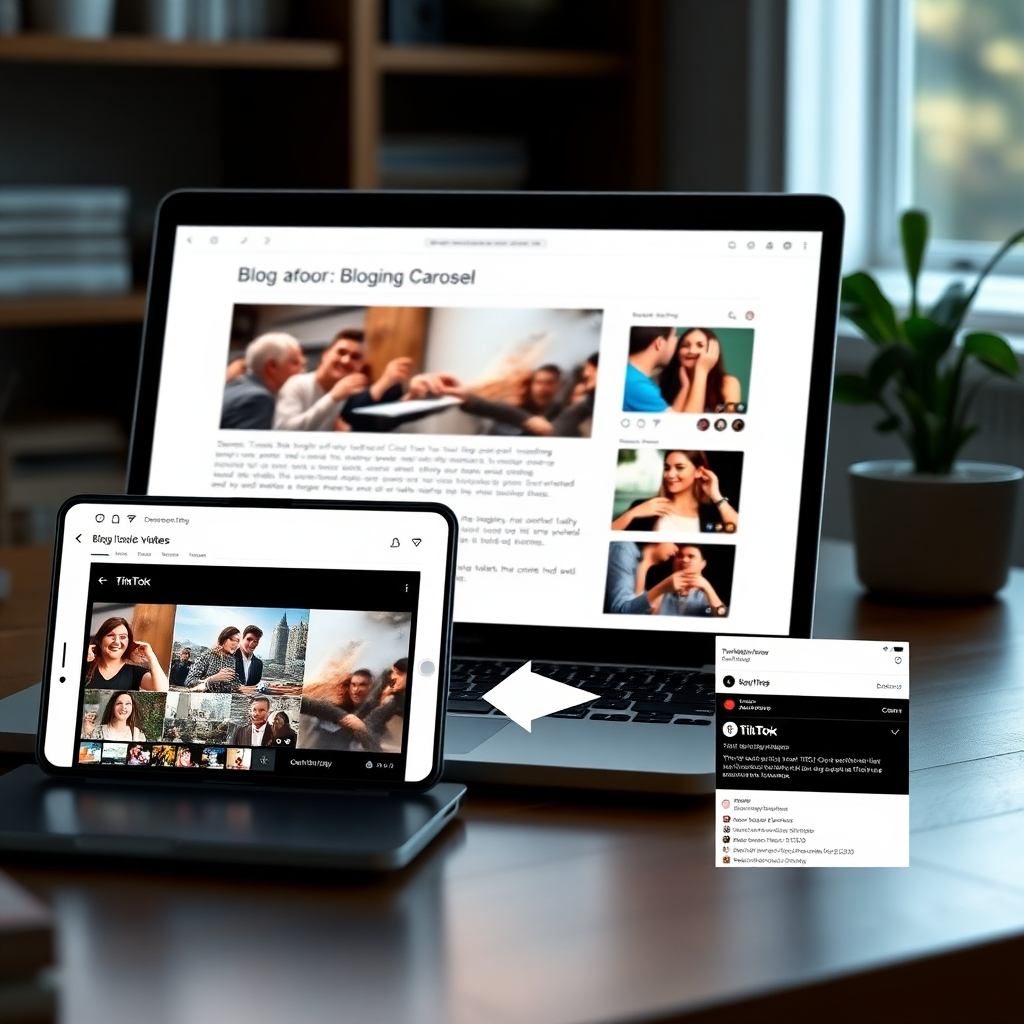 A photorealistic image showing a blog post on a laptop screen being transformed into various social media content formats: an Instagram carousel, a short video clip for TikTok, and a visually appealing tweet. Highlight the ease of repurposing, emphasizing a clear visual connection between the original content and its adaptations.