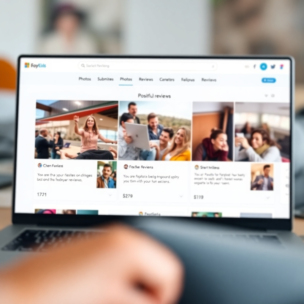 A photorealistic image showing a website featuring a carousel or gallery of user-submitted photos and videos with positive reviews overlaid.  The website should have a clean and modern design, with clear calls to action encouraging user-generated content.  The photos and videos should be high quality, diverse, and represent a range of users. The background should be subtly blurred to focus attention on the UGC. High resolution, vibrant colors, sharp details.