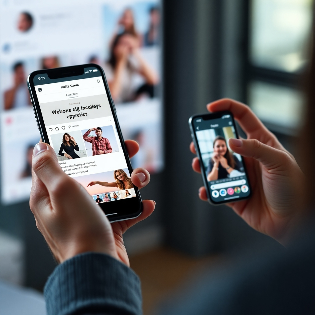 A photorealistic image showing a person effortlessly scrolling through a beautifully designed website on their smartphone, and then seamlessly sharing a piece of content from the website on their Instagram story. The website design should be clean, intuitive, and visually appealing on the small screen. The background should subtly show a lively social media feed. High resolution, vibrant colors, sharp details.