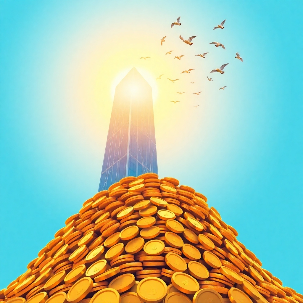 A stylized image representing financial empowerment. The scene shows a strong foundation made of gold coins, supporting a modern skyscraper bathed in sunlight. In the sky, a flock of birds is flying freely, symbolizing financial freedom. The color palette is dominated by gold, blue, and a vibrant sunrise. The image is clean and modern, with a touch of aspirational artistry. Lighting should be bright and optimistic. The camera angle is slightly low, emphasizing the height and stability of the skyscraper and the strength of the coin foundation. Style references include modern financial infographics and motivational visuals. Technical specs: 4K resolution, high-quality rendering.