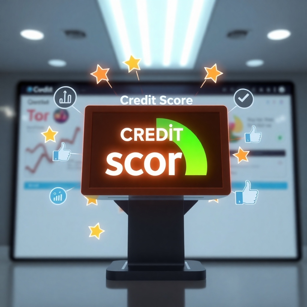 A visual representation of a credit score increasing on a digital display. The display is surrounded by positive symbols like stars and thumbs-up icons. The background is a clean, modern interface. The style is optimistic and informative. Photorealistic rendering.