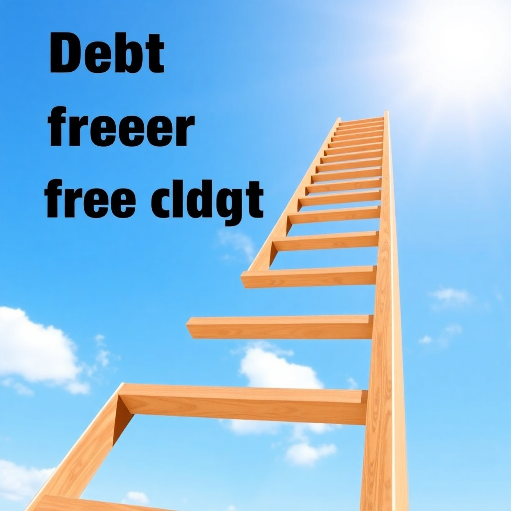 A visual representation of a debt ladder being climbed, with each rung representing a step towards debt freedom. The background is a clear blue sky, symbolizing hope and progress. The style is optimistic and motivational, with bright colors and clear lines. Stylized rendering.