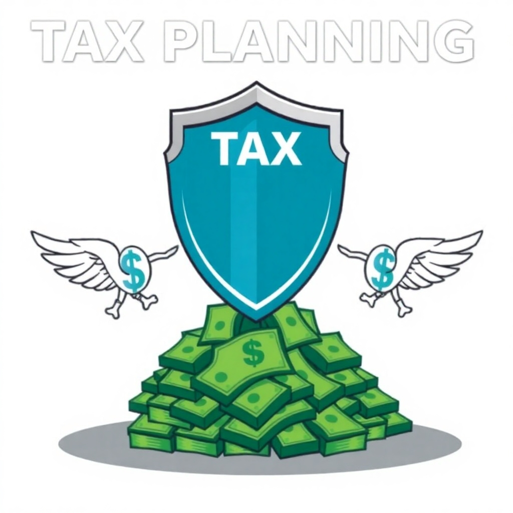 An image showing a shield protecting a pile of money from tax-related symbols (e.g., dollar signs with wings). The shield represents tax planning and protection. The style is authoritative and reassuring. The color scheme is professional and secure. Stylized rendering.