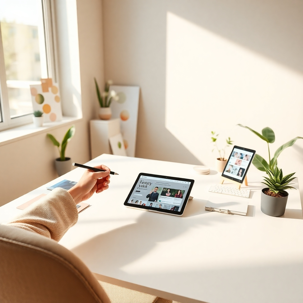 Create a photorealistic, ultra-high-quality 8K resolution header image for a digital marketing business called 'Biz Reborn'. The image should depict a modern, minimalist office space bathed in soft, natural light from a large window. The color palette should be warm and inviting, with earthy tones like beige, cream, and muted greens. The mood should be professional yet creative, conveying a sense of innovation and trust. The composition should feature a clean, white desk with a sleek laptop displaying a captivating website mockup, surrounded by subtly visible design elements such as color swatches, mood boards, and stylish stationery.  A partially visible hand holding a stylus is subtly interacting with a tablet showcasing engaging social media content. The camera angle should be a slightly elevated medium shot, focusing on the desk and laptop. The materials should be highly detailed and realistic, showing the texture of wood grain on the desk, the smooth glass of the laptop screen, the soft texture of the fabric on the chair, and the subtle grain of the paper.  A few strategically placed potted plants add a touch of life and vibrancy. The background should be blurred but still visible, suggesting a clean and organized workspace. Style references include the works of photographers such as Annie Leibovitz (for lighting) and Peter Lindbergh (for minimalist composition). The overall style should be hyperrealistic, with an emphasis on sharp details, realistic textures, and natural lighting, emphasizing the high quality of Biz Reborn's work., ultra high resolution, photorealistic, 8K, hyperdetailed, cinematic lighting