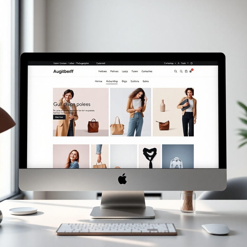 Photorealistic image, 8K resolution, hyperrealistic detail.  A modern, minimalist e-commerce website displayed on a high-end iMac. Soft, diffused lighting illuminates the screen, showcasing a clean user interface with high-quality product photography. The color palette is sophisticated and neutral, with accents of your brand's primary color.  Camera angle is slightly elevated, looking down at the iMac. The background is a minimalist, modern office space with natural light streaming through a large window. Textures include the smooth glass of the iMac screen, the brushed aluminum of the computer, and the soft texture of the desk.  In the style of Annie Leibovitz, emphasizing clean lines and subtle details. Include subtle reflections on the screen, showcasing the website's interactive elements. The website should feature lifestyle photography of happy customers interacting with products.  The overall mood is professional, trustworthy, and inviting.