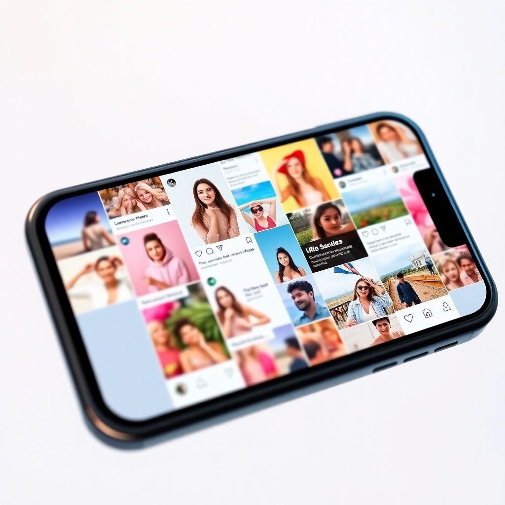 Photorealistic image, ultra-detailed, 8K resolution. A curated feed of diverse social media posts displayed on a large smartphone. The lighting is bright and airy, with a slight softbox effect. The color palette is vibrant and consistent with a cohesive brand aesthetic; think pastel hues with pops of bright colors.  The camera angle is a close-up shot, showcasing the high-quality images and engaging copy.  The background features a blurred, bokeh effect, emphasizing the smartphone screen and the content. Textures include the smooth glass of the smartphone screen and the subtle texture of the phone case.  The style is inspired by leading social media influencers, prioritizing visually appealing and engaging content.  Include high-quality product shots, lifestyle imagery, behind-the-scenes glimpses, and visually engaging quote cards. The overall mood is fun, energetic, and aspirational. The content should showcase various social media platforms, including Instagram, Facebook and TikTok.