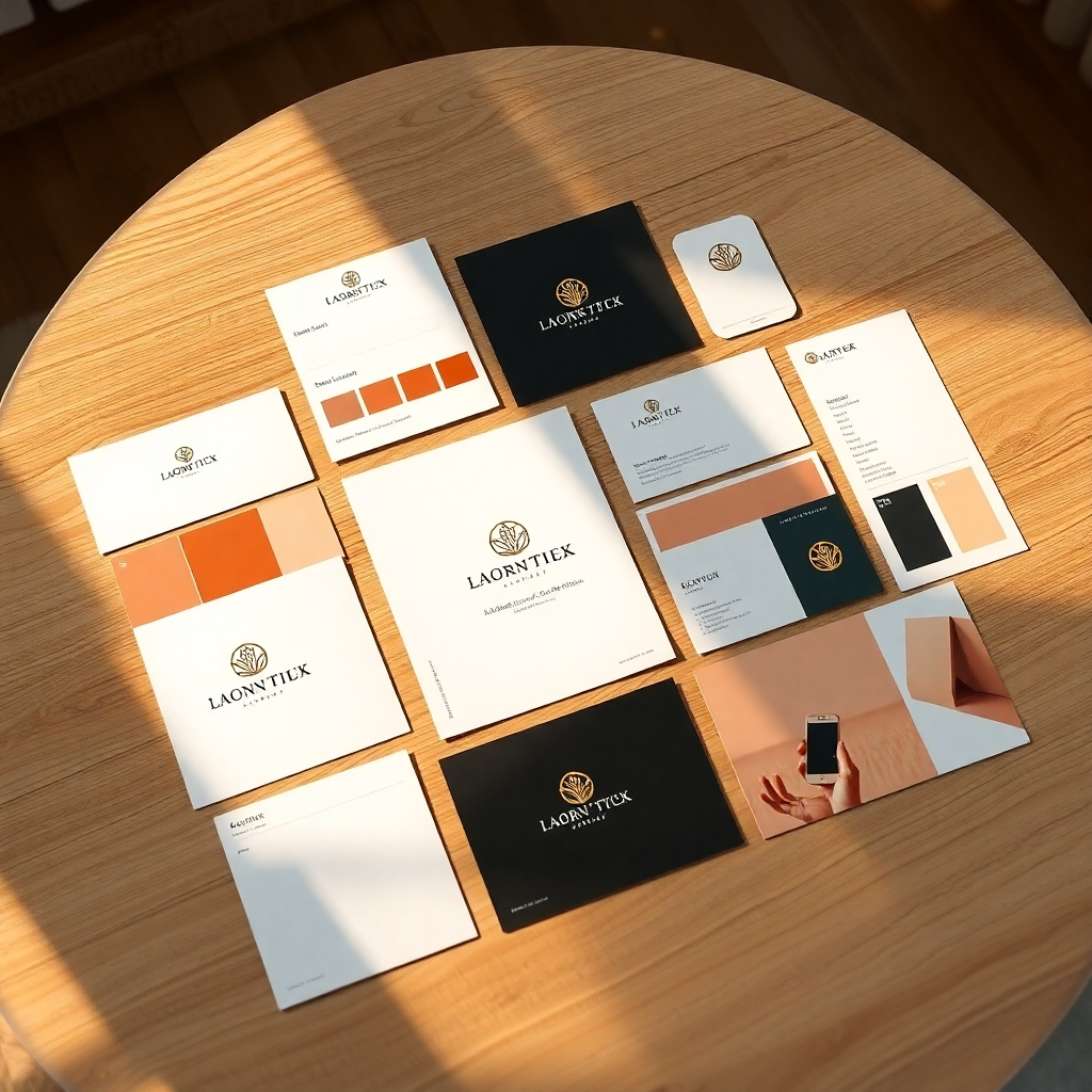 Photorealistic image, ultra-high definition, 8K resolution. A mood board showcasing a cohesive brand identity, including logo variations, color palettes, typography examples, and mockups of stationery and marketing materials. Soft, warm lighting creates a cozy and inviting atmosphere. The color palette should be a sophisticated and thoughtfully curated selection of complementary colors. The camera angle is a slightly high-angle shot, looking down at the mood board. The background is a minimalist, textured wooden table. Textures include the smooth texture of the printed materials, the rough texture of the wooden table, and the subtle texture of the mood board.  In the style of a luxury branding agency, emphasizing a clean, minimalist, and refined aesthetic. Include elements showcasing the brand's logo in different applications, brand guidelines, and examples of visual assets. The overall mood is sophisticated, luxurious, and professional.