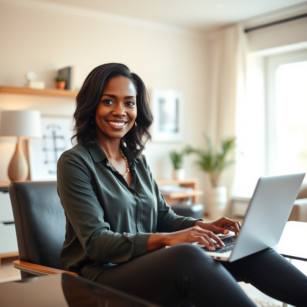 Middle-aged black woman working remotely on a laptop