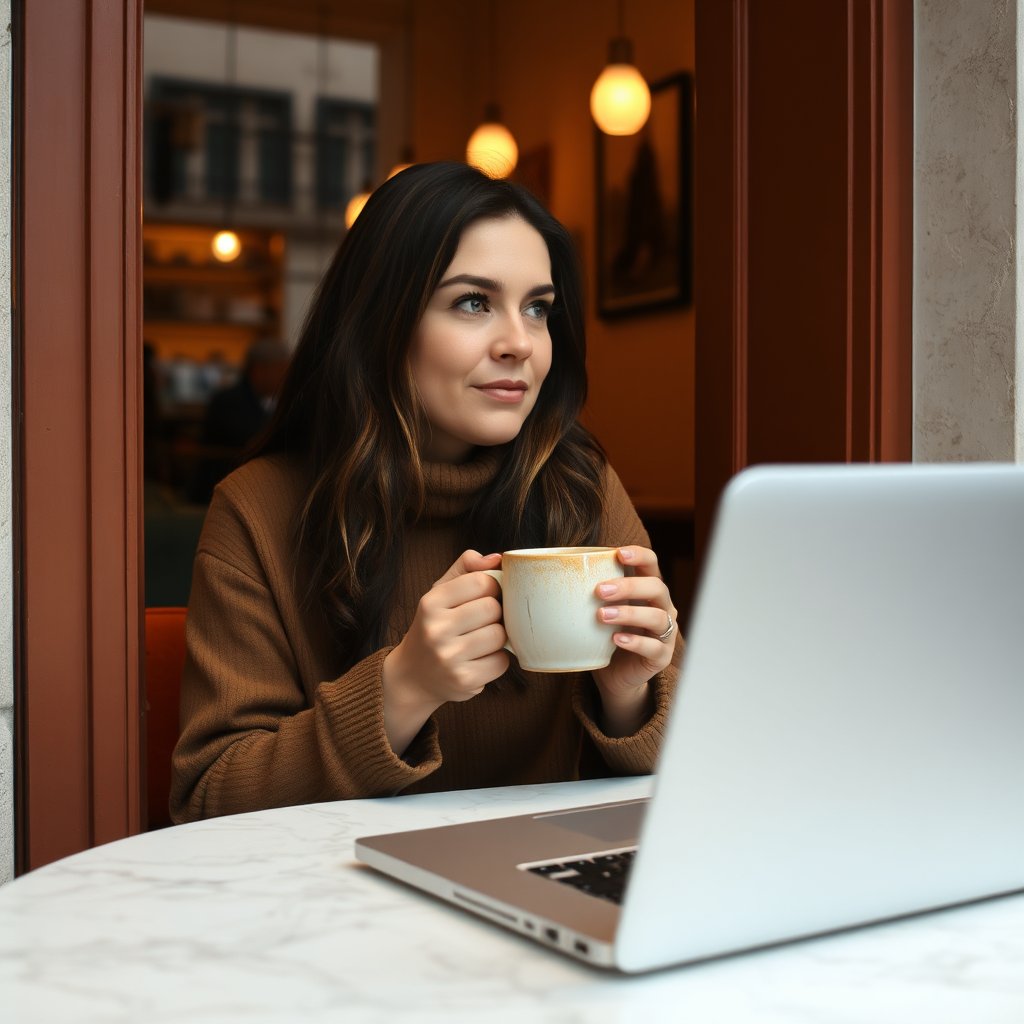 Woman in cafe looking out window