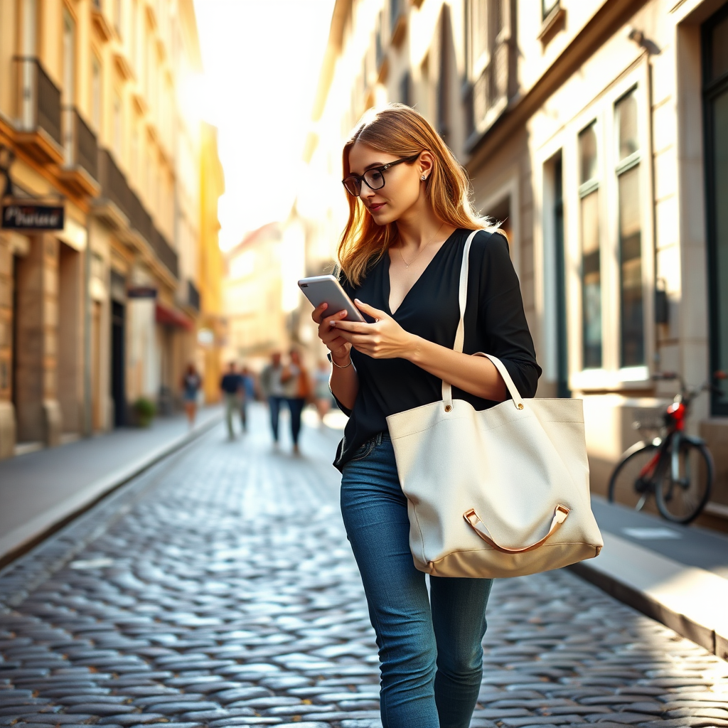 Woman walking outdoors checking phone