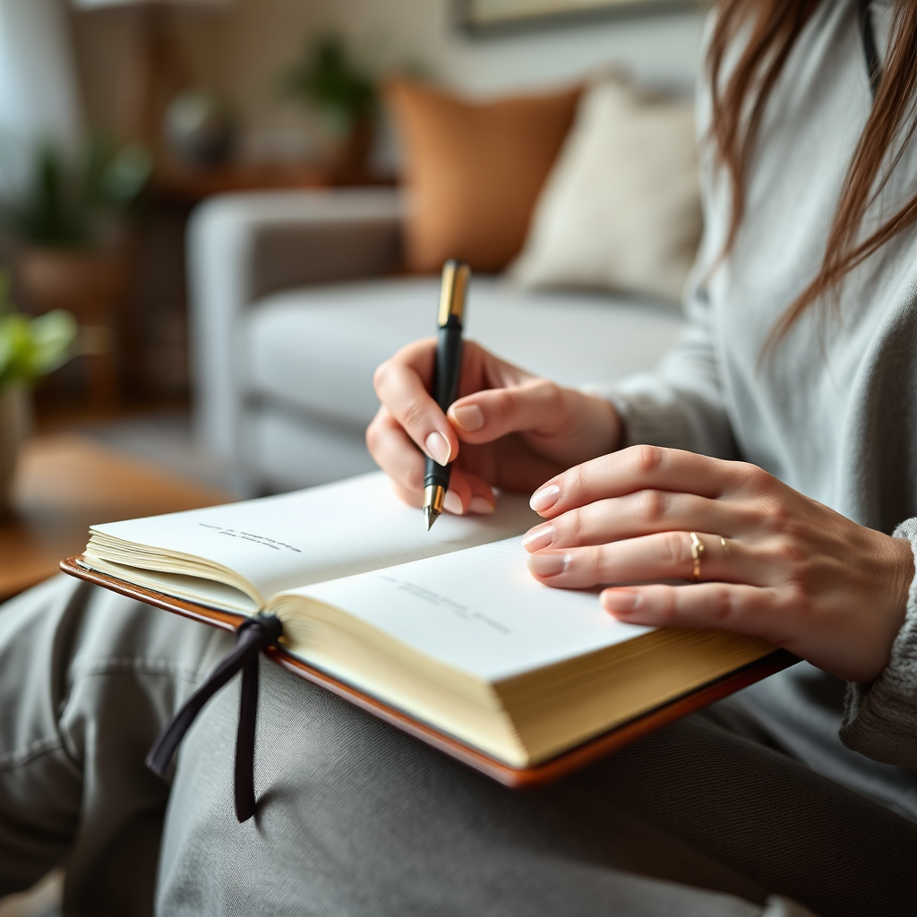 Hands writing in a journal