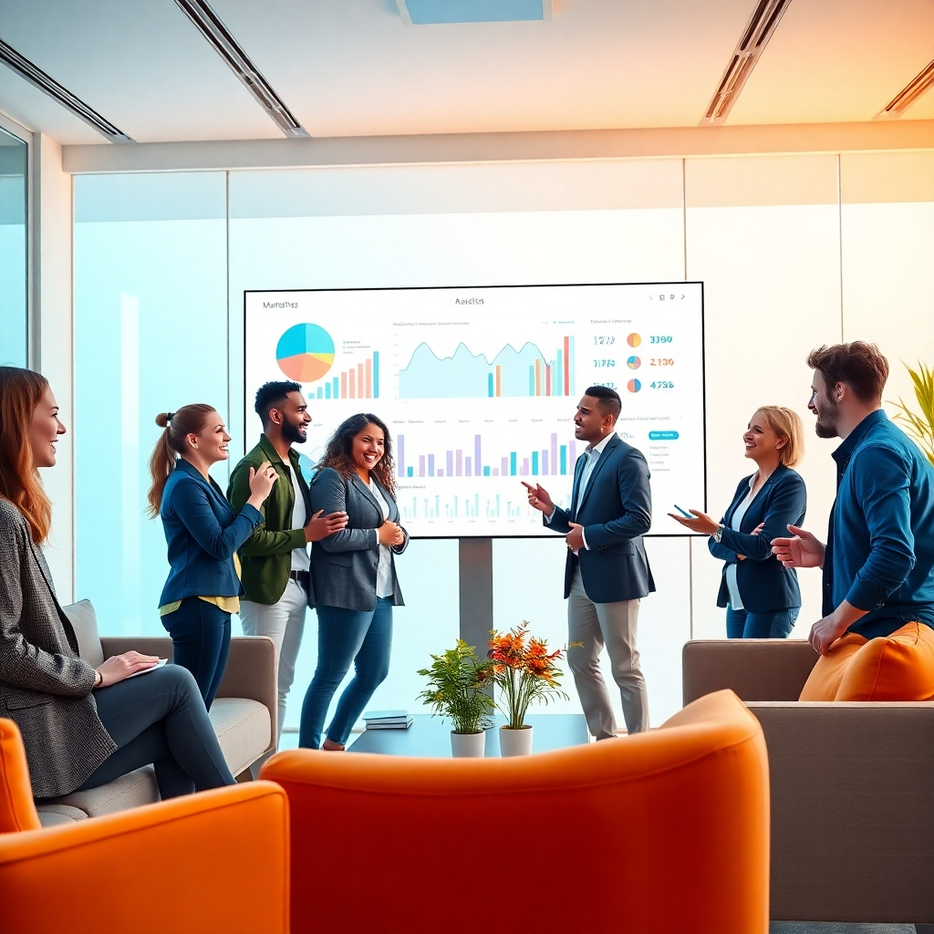 Create a 4K photorealistic image portraying a team of diverse, happy professionals collaborating around a large screen showing data analytics and marketing campaign results.  The setting should be a modern, well-lit office space with sleek furniture and a positive, energetic atmosphere. The color palette should be bright, modern, and inspiring with a subtle gradient from cool blues to warm oranges. Capture a candid moment showcasing their collaboration and excitement. The composition should focus on the team's interaction while emphasizing the data visualized on the screen. Style should evoke a sense of teamwork, innovation, and success. Focus on realistic textures of clothing, materials and lighting to create a genuine feel. The image should symbolize the collaborative and results-oriented nature of our digital marketing services.