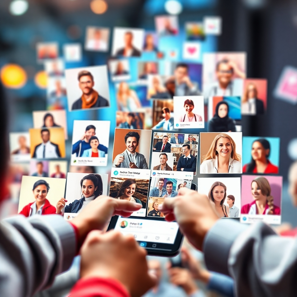 Create a photorealistic image depicting a vibrant social media feed with positive customer interactions and high engagement metrics. The style should be dynamic, modern and visually engaging, showcasing diverse user content and positive brand sentiment. The image should focus on portraying effective social media campaign visuals and results. Use realistic textures and lighting to create a genuine feel.