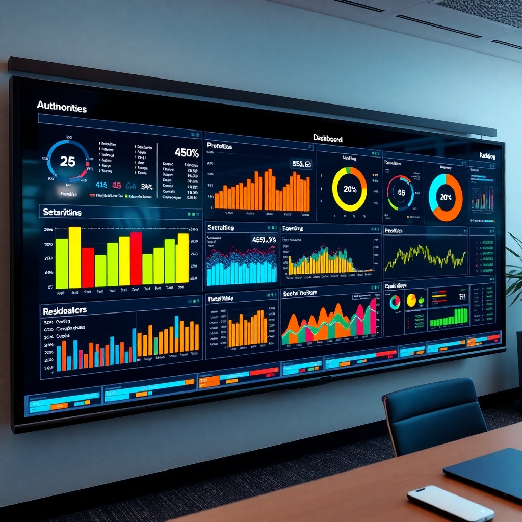 Create a photorealistic image of a large screen displaying dynamic dashboards and data visualizations, illustrating the monitoring and analysis of marketing campaigns.  The image should show real-time data with vibrant, contrasting colors to highlight key performance indicators. Use soft lighting to avoid glare, ensuring readability. The style should be clean and professional. Show subtle screen reflections and textures of the office setting to add realism.