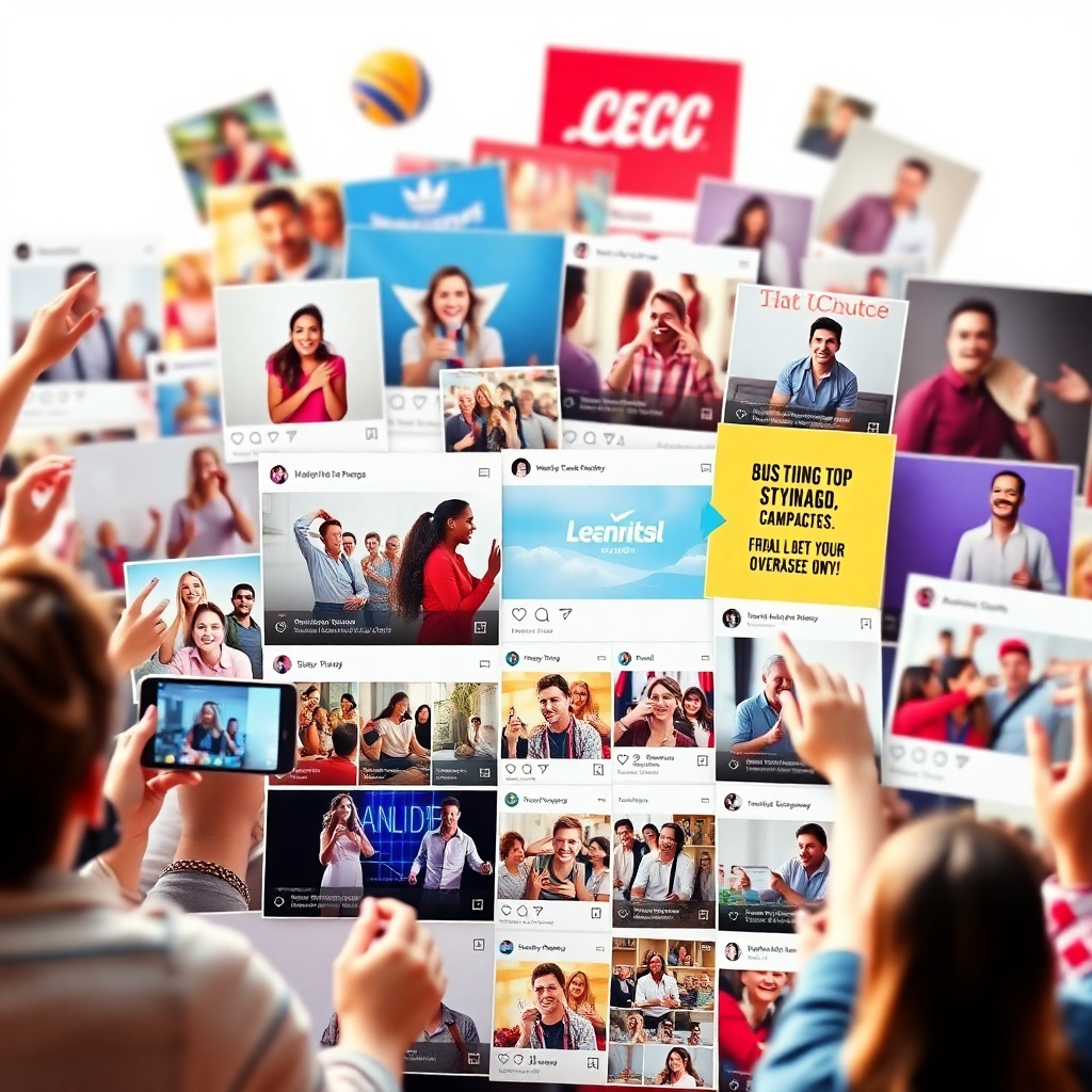 Create a photorealistic image depicting a vibrant social media feed showcasing a successful brand campaign with lots of positive user interaction. Include diverse imagery, videos and textual content in a visually engaging manner.  The image should convey energy, engagement and success. Pay attention to realism and detail.