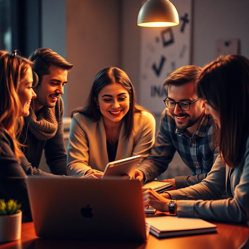 Create a photorealistic image of a team of creative professionals collaborating on a content creation project. The image should reflect teamwork, creativity, and professionalism. Include elements such as laptops, notebooks, tablets and other creative tools. The lighting should be warm and inviting, and the image's style should be sophisticated and modern. Pay attention to detail and realistic representation of the elements.