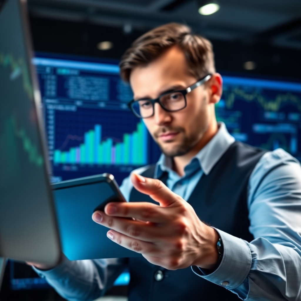 Create a photorealistic image of a professional using a tool to manage and monitor a PPC campaign. The image should emphasize data analysis and optimization. Use a mix of blues and greens to emphasize efficiency and precision. Pay attention to realism and detail. The image should convey control and precision.