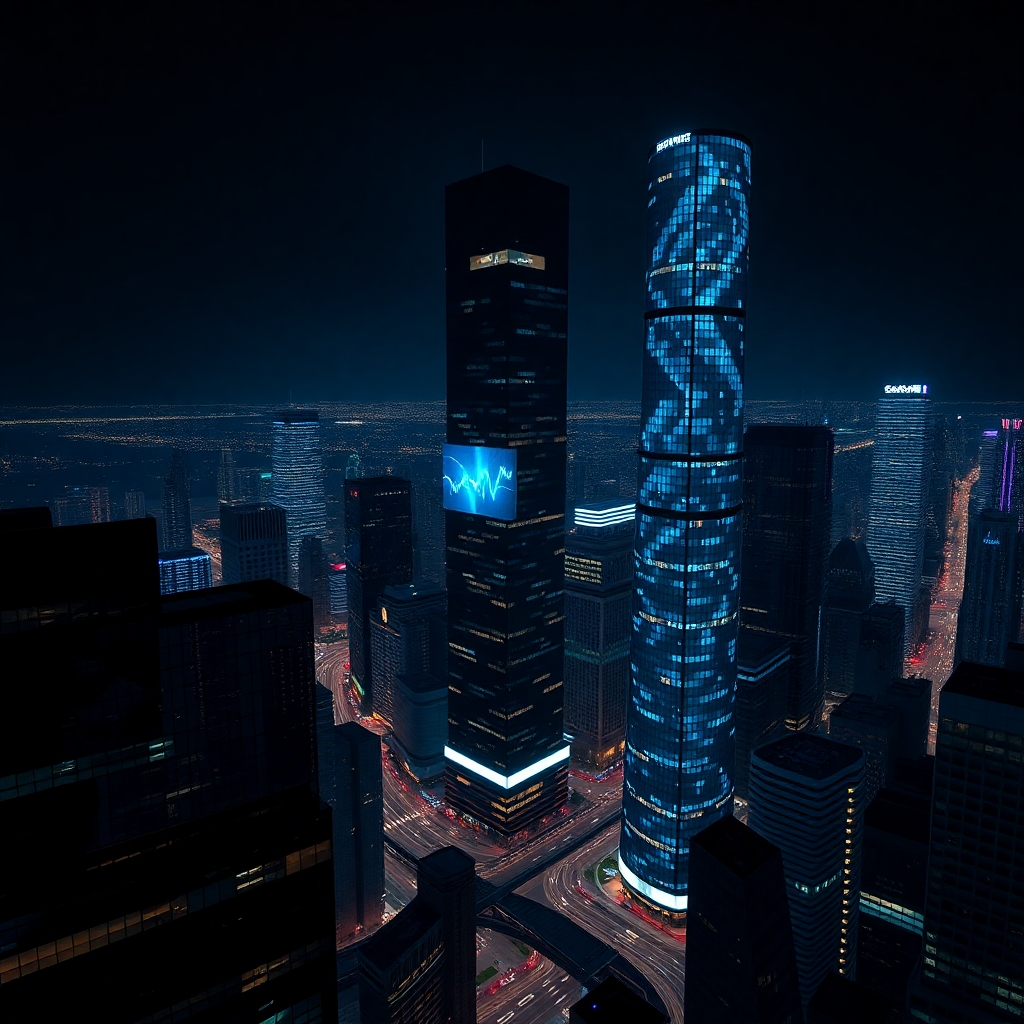 Create a photorealistic, ultra-high-quality 8K resolution image for the hero section of a digital marketing agency website. The image should depict a modern, sleek cityscape at night, subtly illuminated by the glow of screens and digital displays in various buildings. The overall color palette should be dark and sophisticated, with accents of vibrant blues, greens, and purples representing the energy and dynamism of the digital world. The composition should use a high-angle, slightly tilted perspective, offering a panoramic view of the city, possibly focusing on a central skyscraper with a dynamic screen showing data visualizations or abstract digital patterns. Include subtle textures—glass reflections, metallic surfaces, and the rough texture of the city at night. The image should be hyperrealistic, emphasizing intricate details and realistic lighting effects. The style should be similar to high-end architectural photography with a touch of futuristic sci-fi elements. The image must convey growth, success, and innovation, representing the potential of digital marketing to transform businesses. Avoid any overly busy or distracting elements. The focus should be on a sense of sleek modernity and potential.