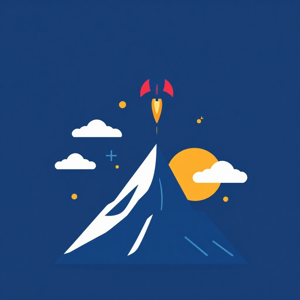 Create a stylized illustration that visually represents the concept of SEO optimization, possibly using a metaphor such as a rocket launching upward or a mountain being climbed, representing the process of improving search engine rankings and reaching a higher level of success. Use a bright and inspiring color palette and a modern design to make it visually appealing and memorable. The illustration should be clean and easy to understand, conveying a positive message of progress and growth.