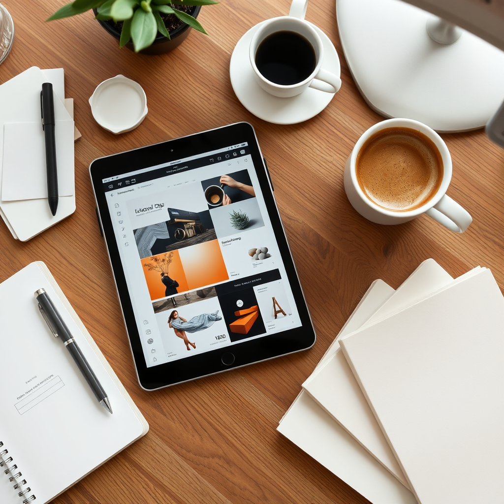 Desk flatlay with iPad and coffee