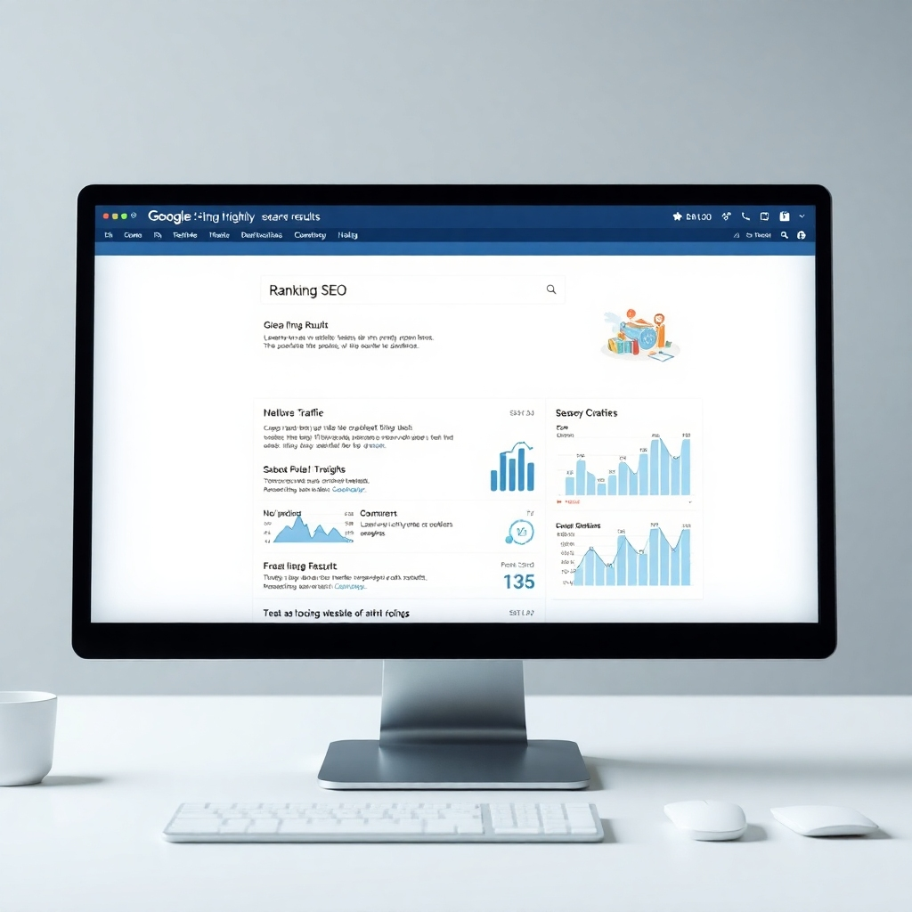 Generate a photorealistic image of a computer screen showing a website ranking highly in Google search results, possibly with charts and graphs illustrating website traffic.  The image should feel professional and display a modern, clean style. The image should highlight the results obtained through effective SEO strategies. Use realistic textures and lighting to create a genuine feel.