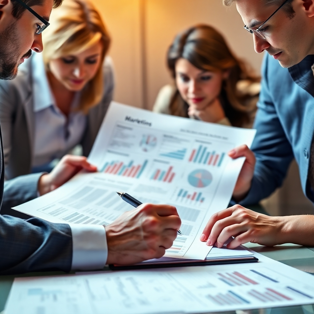 Generate a photorealistic image depicting a detailed business plan being reviewed by a team.  The image should emphasize the meticulous planning and strategic approach to marketing. Use a warm color palette, with soft light illuminating the papers and faces of the team. The composition should be a close-up emphasizing the plan's details, showcasing a clear and organized process. The style should be professional and precise. Include subtle textures of paper and skin, with a focus on detail and clarity.