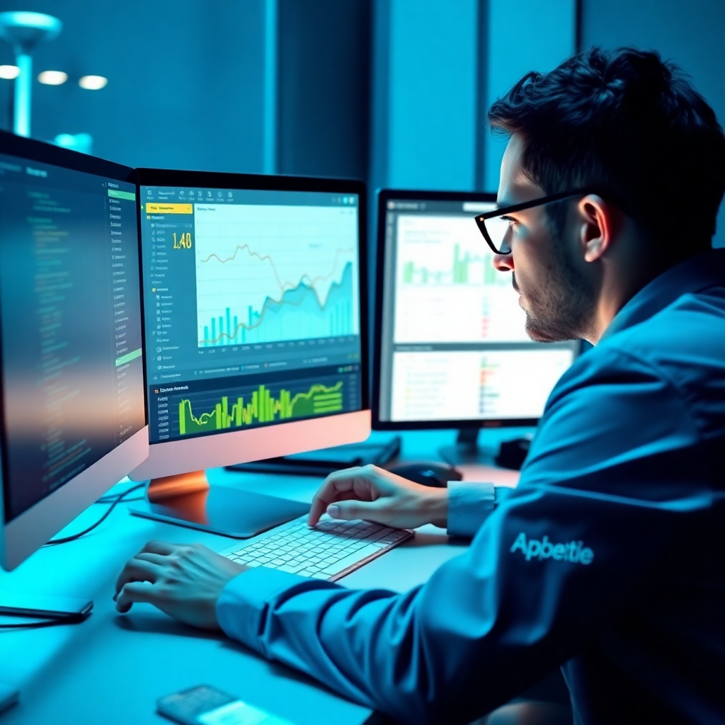 Generate a photorealistic image of a professional working on a computer, focused on a dashboard showing live data from a PPC campaign.  The image should highlight the detailed analysis and optimization involved in managing these campaigns. The color palette should be a mix of blues and greens, reflecting a sense of efficiency and precision. The composition should highlight the intricate process of managing ads and tracking results.  The image should convey a sense of control and precision.