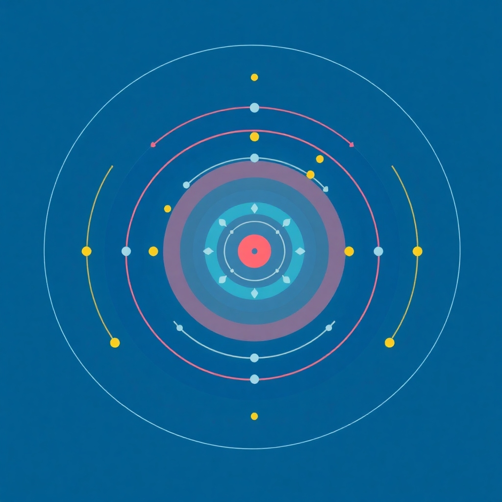 Produce a stylized image representing targeted digital marketing campaigns.  The visuals should show concentric circles expanding from a central point, representing the expanding reach of the campaign.  The circles should be interconnected, showing the strategic links between different marketing channels. Use a vibrant, energetic color scheme that evokes movement and expansion. The style should be modern and graphic, using clean lines and shapes to convey a sense of controlled expansion.
