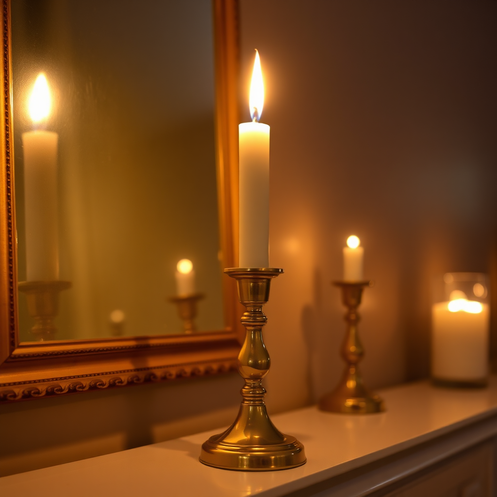 Candlestick holder with lit candle
