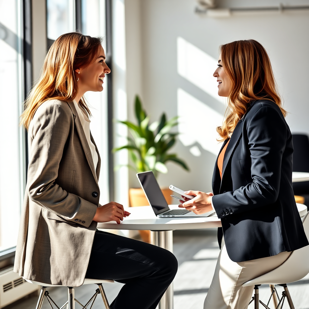 Two women collaborating in a bright space