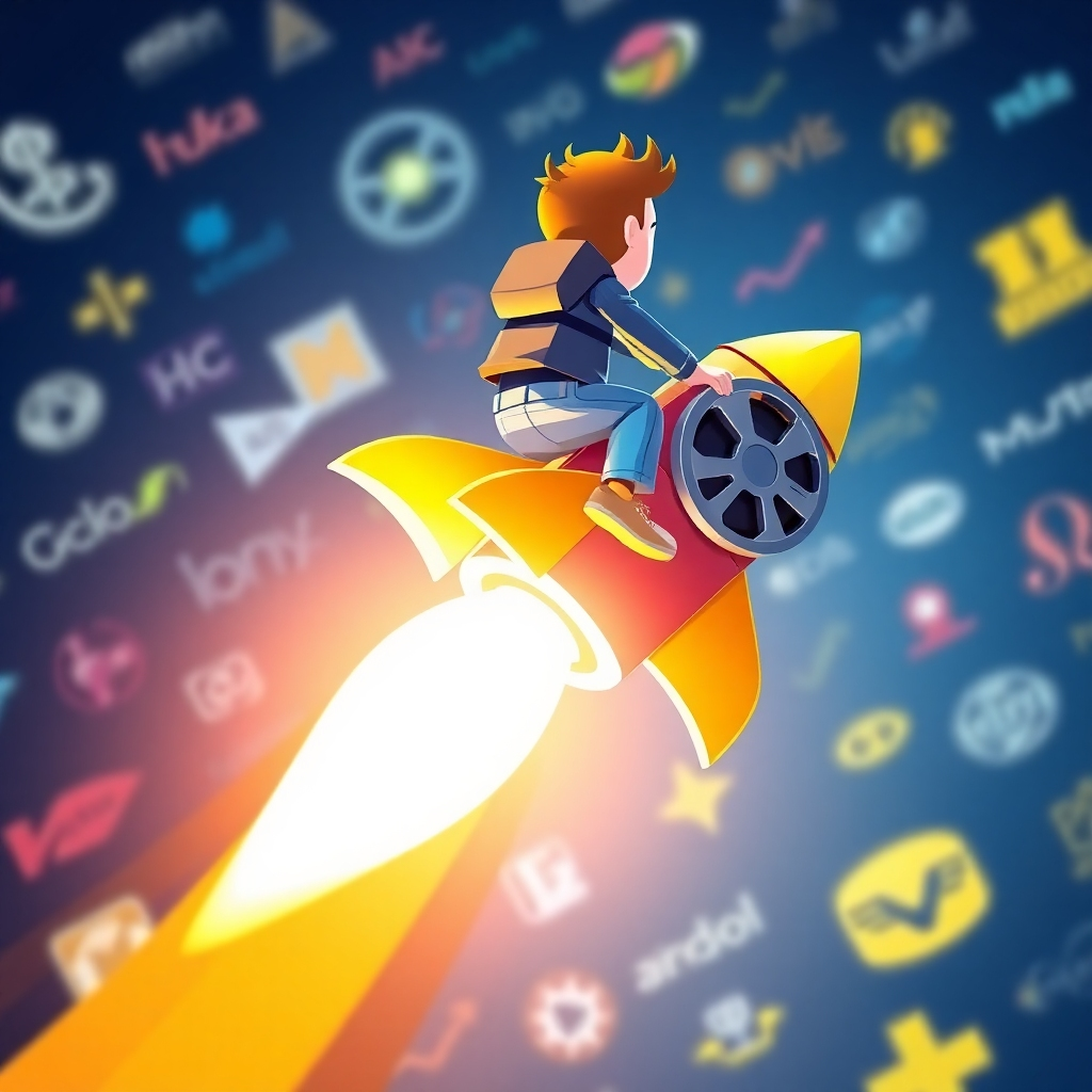 A stylized image, 4K resolution, depicting a metaphorical representation of 'Creating Promo Reels So You Don't Have To'. Imagine a small, stylized person (perhaps a pixelated or vector character) riding a rocket ship made of video reels, soaring past a variety of business logos. The lighting is bright and colorful, giving an energetic vibe. The color palette should be playful yet professional, using a similar deep blue as the hero image with contrasting bright yellows and oranges. The camera angle should be a dynamic, slightly upward shot showcasing the rocket's ascent. The texture should be sharp and clean, possibly with a slight comic book style. The environment should be abstract, a universe of business logos. The style should reference modern graphic design and video game aesthetics, delivering a sense of speed, success, and ease.
