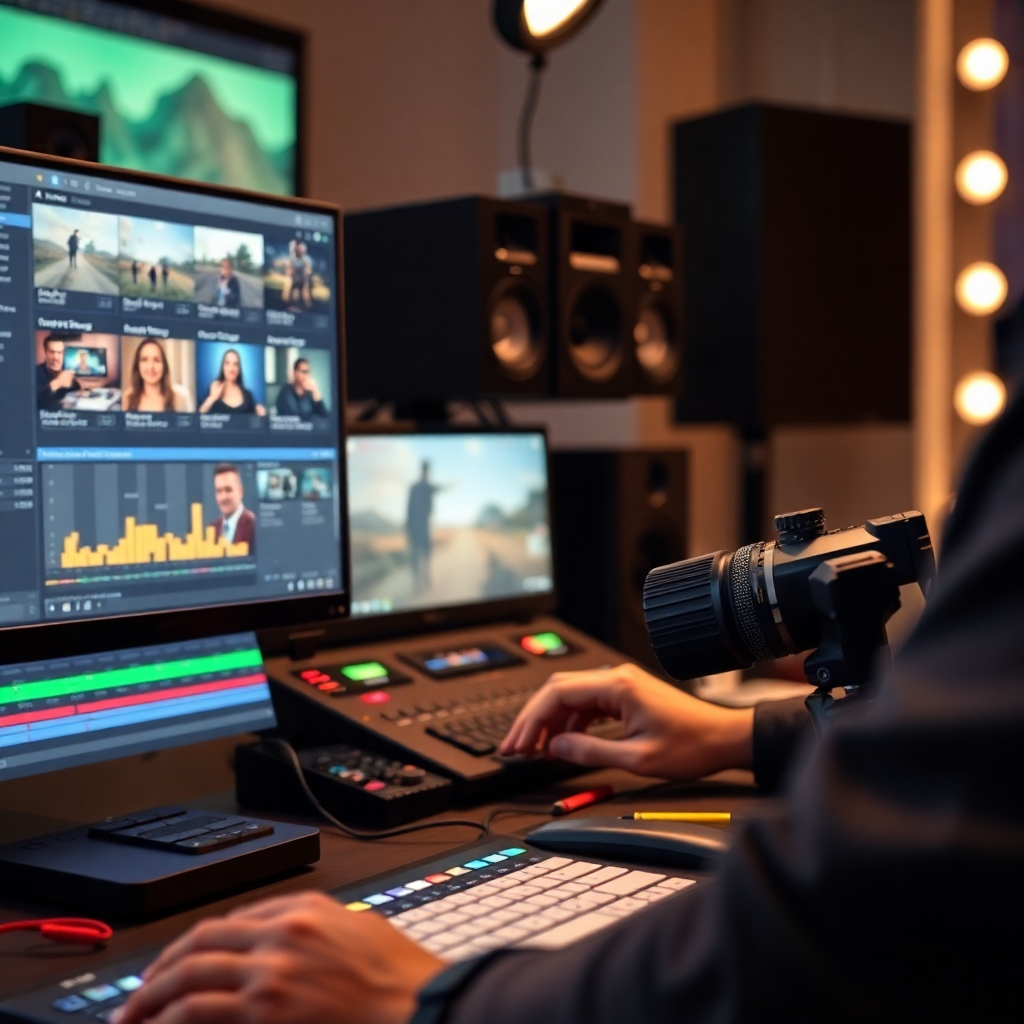 An image showing a close-up of a video editor's workspace. The image should be highly detailed and showcase the intricate process of video editing.