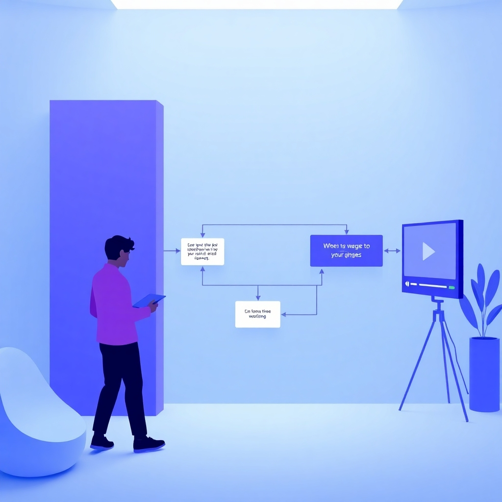 Image depicting a simplified workflow, perhaps a flow chart or a stylized representation of steps, all related to video production. The environment is clean and minimal. The color scheme should focus on blues and greens.