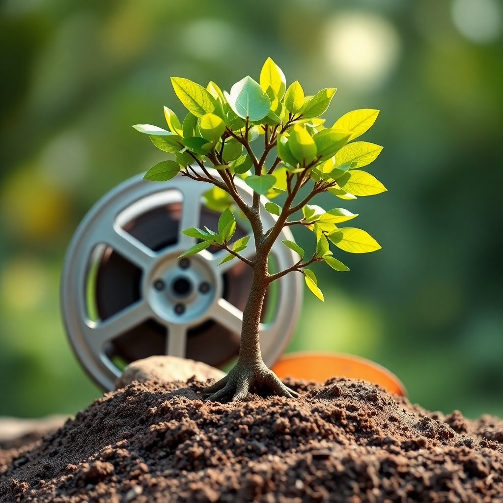 Image depicting a tree growing from a video reel, symbolizing sustainable growth and long-term success. The colors should be natural and organic, using earth tones to highlight the longevity of results.