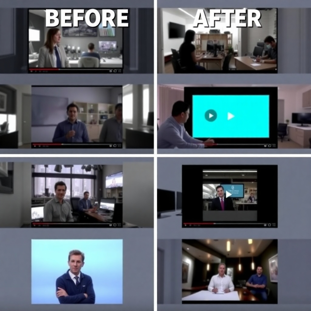 Image showcasing a series of successful before and after video promotional examples. The before videos are of low quality, and the after videos are highly professional and well-produced. The color scheme should highlight the dramatic improvement.