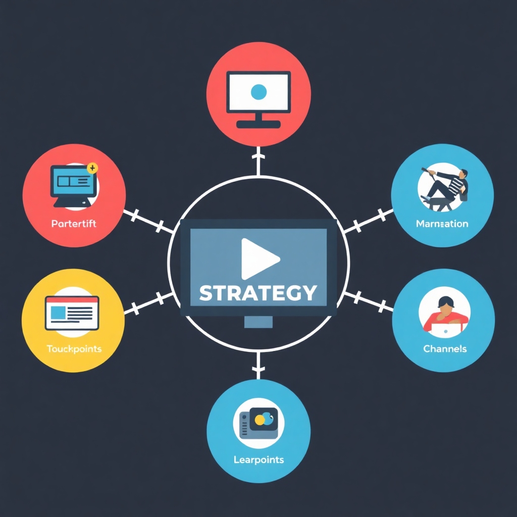 Image visualizing a comprehensive video marketing strategy. It might include a plan with different touchpoints and channels.