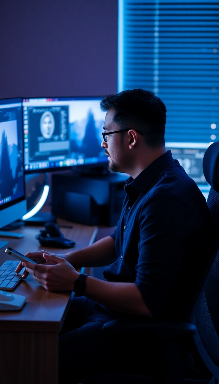 Photorealistic image, 4K resolution, of a stressed business owner frantically working on a video editing software, contrasted with a relaxed business owner sipping coffee, viewing a finished promotional reel on their phone. The first half of the image should have harsh, busy lighting, while the second half is serene and calm, using soft, warm light.&nbsp;The textures are realistic, representing the stress of work and the relaxation of success. The environment is a home office for the stressed person and a modern coffee shop for the relaxed one.