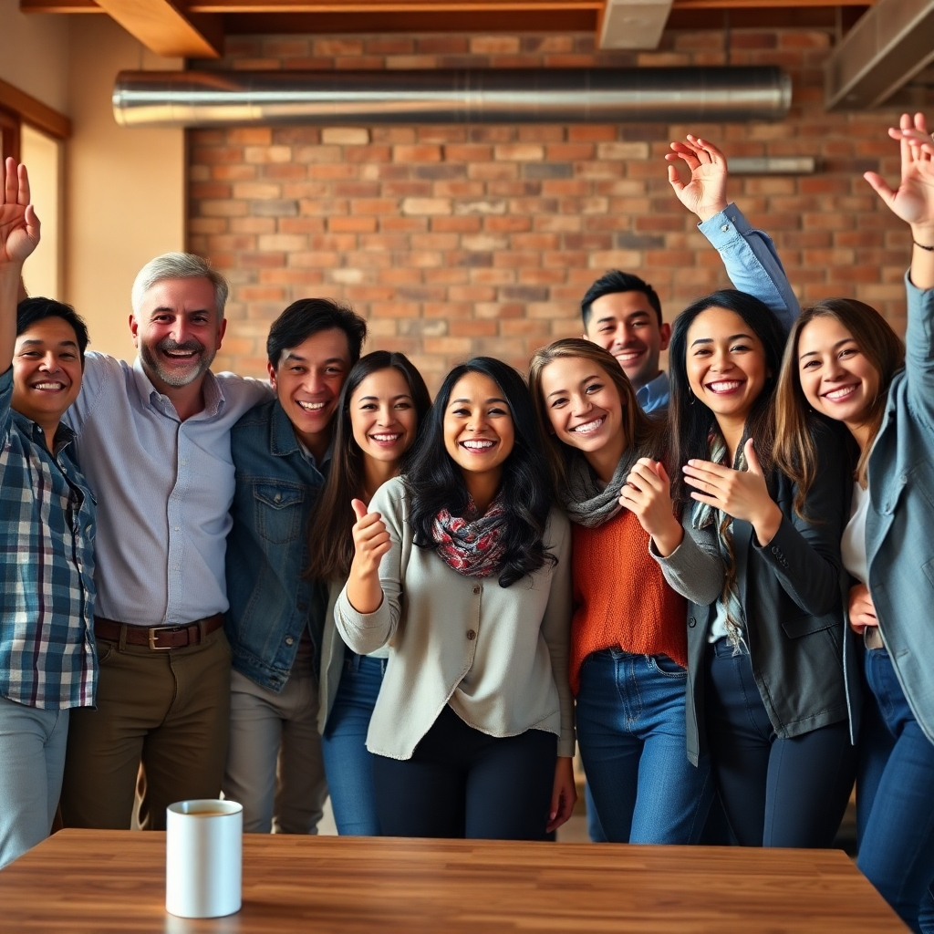 Photorealistic image, 4K resolution, of a diverse group of happy clients celebrating the success of their promotional video campaign. The lighting is warm, friendly, and inviting, emphasizing the positive collaboration. The textures show genuine happiness and success. The style references successful business testimonials and marketing campaigns.
