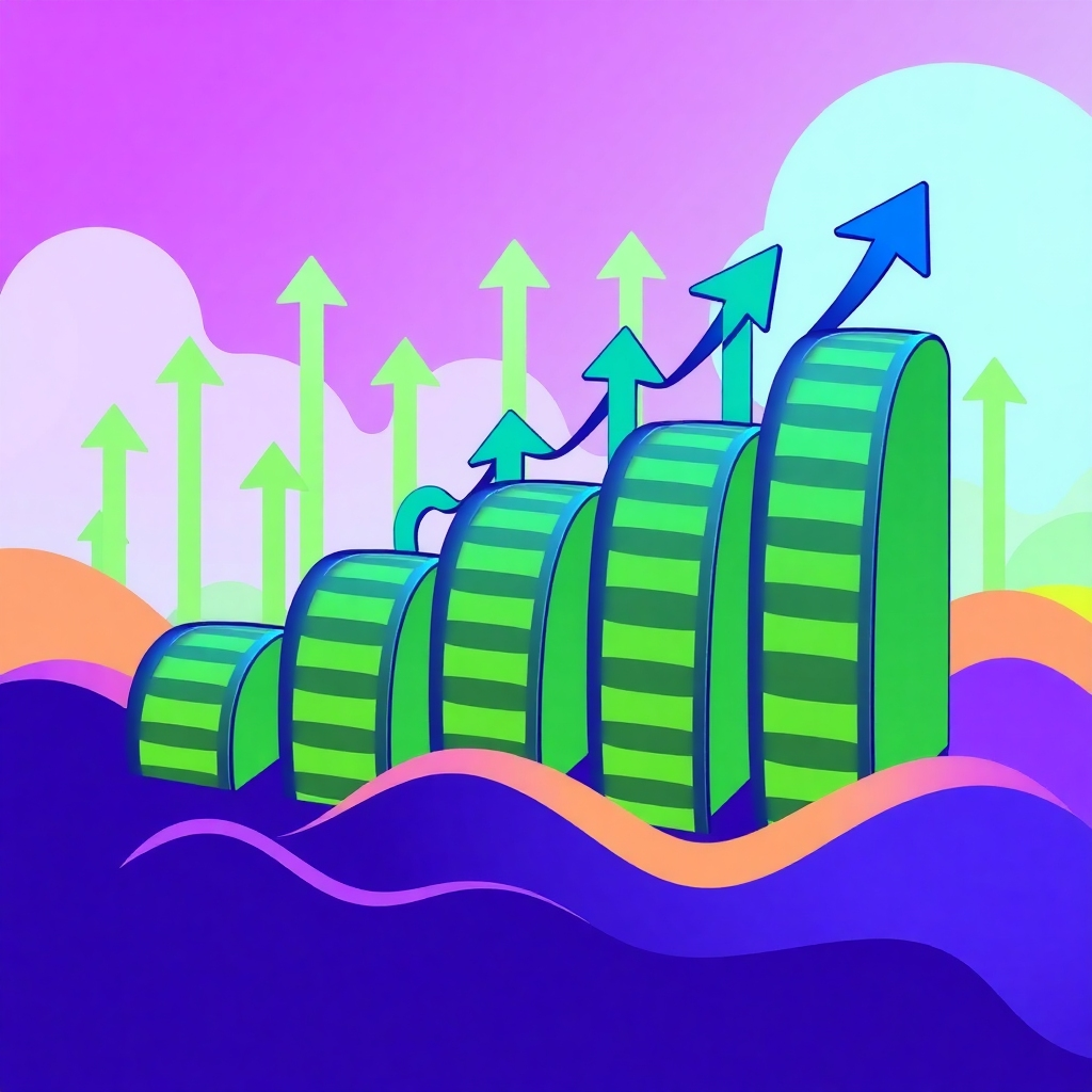 Stylized image, 4K resolution, representing an upward-trending graph made of video reels, symbolizing growth. The color palette is vibrant with an emphasis on greens and blues for upward momentum.&nbsp;The environment is an abstract background with upward-pointing arrows.&nbsp;The style references modern infographic and data visualization design.