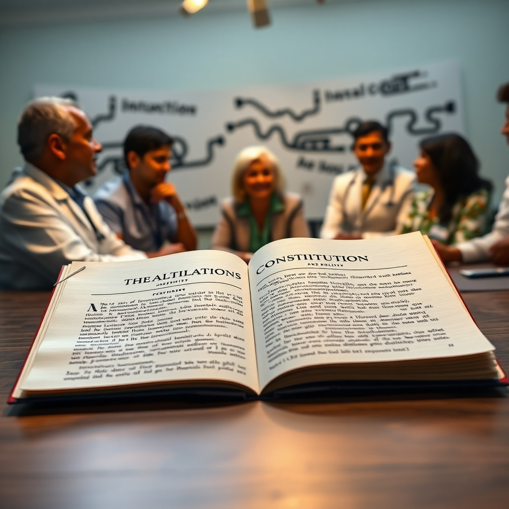 A close-up of the Brazilian Constitution open on a table, with the text highlighting the health rights section. In the background, there are people engaged in discussions about health policies, with medical professionals, patients, and representatives from different communities interacting positively.