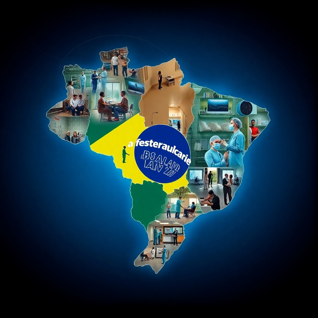 A conceptual image showing a map of Brazil divided into regions, highlighting healthcare disparities. Use visuals like medical staff in different settings, from urban hospitals to rural clinics, illustrating the challenges and disparities in health access.