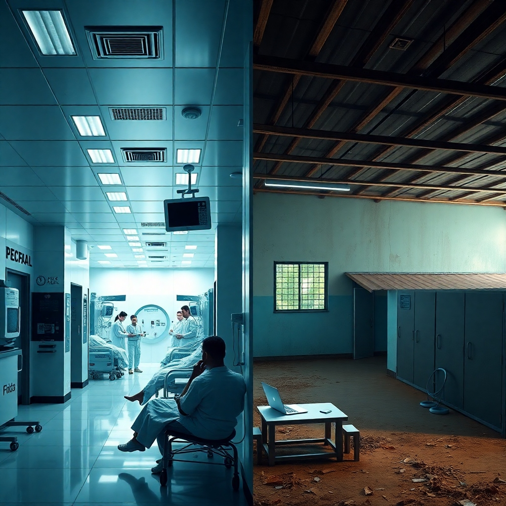 A contrasting image showcasing a modern Brazilian hospital environment versus a rural health clinic. On one side, a busy, high-tech hospital with patients receiving advanced care, and on the other, a struggling clinic with limited resources. This visual should highlight disparities in healthcare access across Brazil.