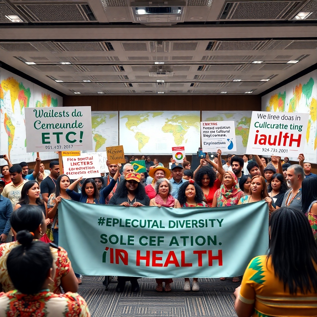 A diverse group of activists and representatives from indigenous and Afro-Brazilian communities gathered in a meeting, holding banners that promote cultural diversity in health. The setting is a large and colorful conference room filled with maps and health statistics.