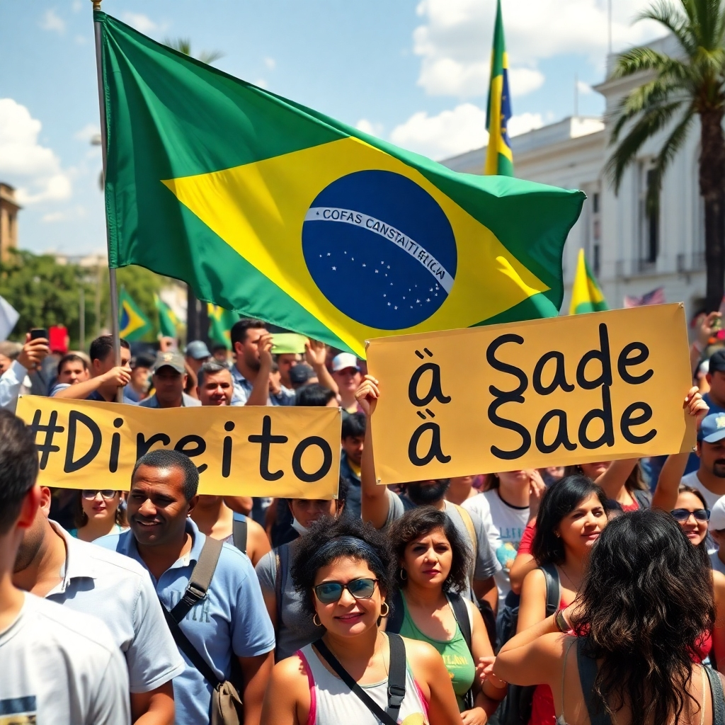 A diverse group of Brazilian citizens celebrating the passage of the 1988 Constitution outdoors, holding banners that read 'Direito à Saúde'. The setting is a sunny day in a public square, with flags and the Brazilian flag prominently displayed.