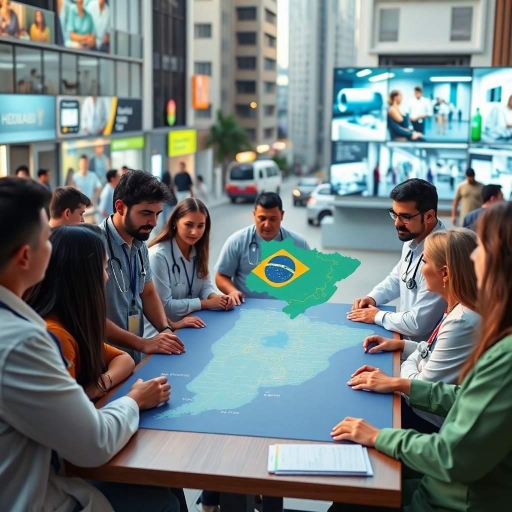 A diverse group of people, including healthcare professionals and citizens, gather around a table discussing a large map of Brazil marked with health data. The setting is a lively urban environment, images of clinics and hospitals in the background, illustrating the concept of healthcare democracy.