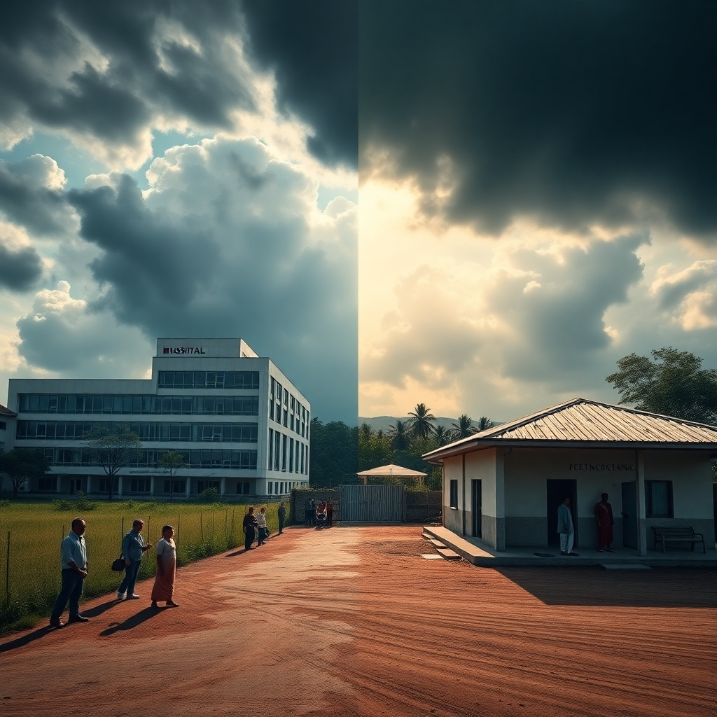 A dramatic depiction of a split landscape showing a modern hospital on one side and an under-resourced clinic on the other, with people waiting outside. The sky reflects tension as dark clouds loom over the poorer side, contrasting with sunlight over the hospital.