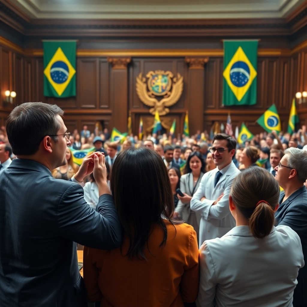A dynamic political debate scene with diverse groups of people in a Brazilian legislative assembly. Include a mix of politicians, activists, and healthcare professionals expressing their views passionately. The atmosphere should be vibrant and intense, showcasing the diversity of Brazilian society, with flags and banners representing health rights.